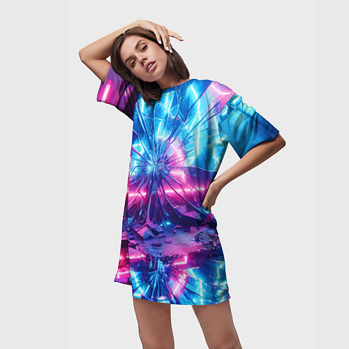 Женская длинная футболка Разбитая неоновая вывеска - мегаполис / 3D-принт – фото 3