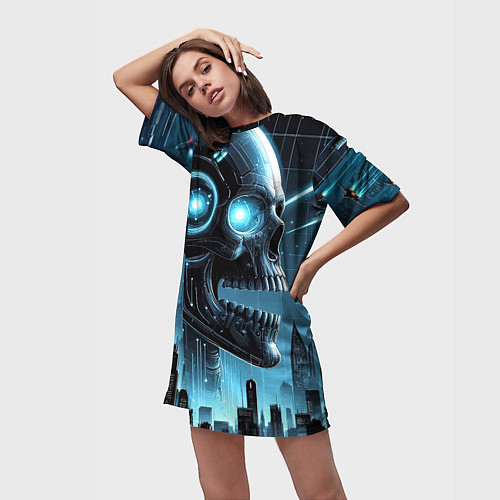 Женская длинная футболка Cyberpunk skull - metropolis neon glow / 3D-принт – фото 3