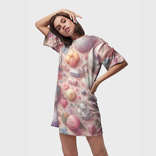 Женская длинная футболка Акварельный фон в пастельных тонах / 3D-принт – фото 3
