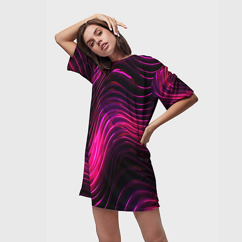 Женская длинная футболка Неоновая яркая геометрическая абстракция со светом / 3D-принт – фото 3