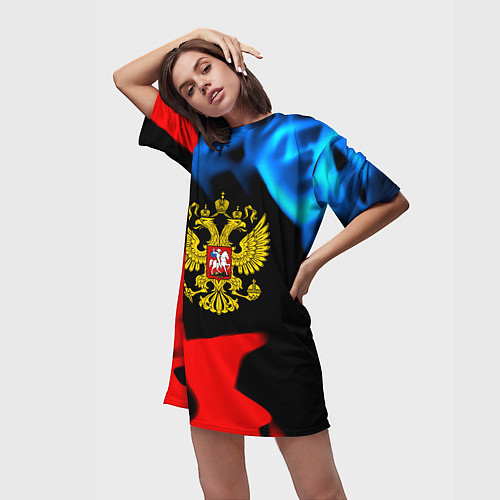 Женская длинная футболка Россия герб огненый стиль / 3D-принт – фото 3