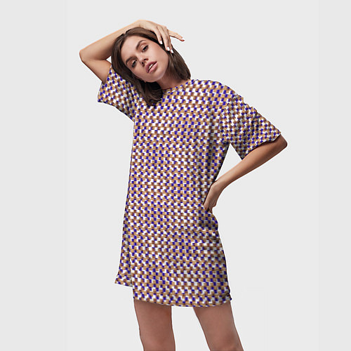Женская длинная футболка Сине-бежевый текстурированный квадраты-рябь / 3D-принт – фото 3