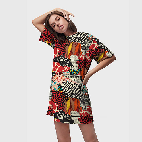 Женская длинная футболка Разноцветный орнамент хаки / 3D-принт – фото 3