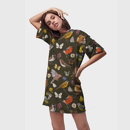 Женская длинная футболка Птицы и бабочки с цветами паттерн / 3D-принт – фото 3