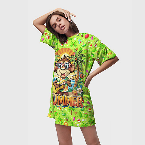 Женская длинная футболка Обезьяна с гитарой летний вайб / 3D-принт – фото 3