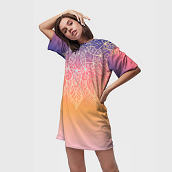 Футболка женская длинная Сине-оранжевый градиент с узором мандала, цвет: 3D-принт — фото 2