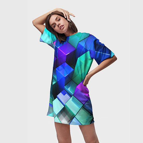 Женская длинная футболка Неоновые кубы текстура / 3D-принт – фото 3