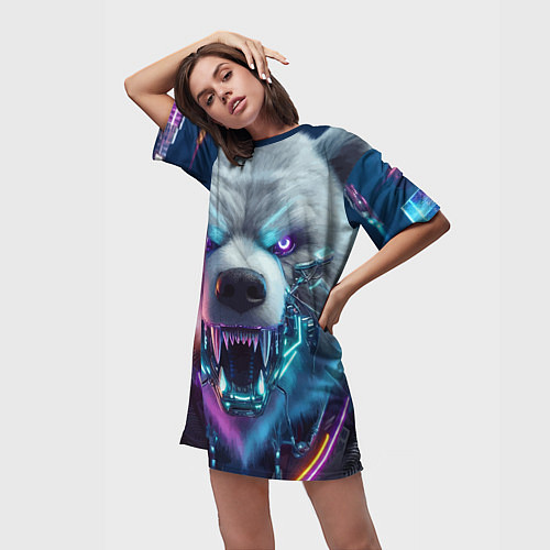 Женская длинная футболка Cyber bear - neon glow / 3D-принт – фото 3