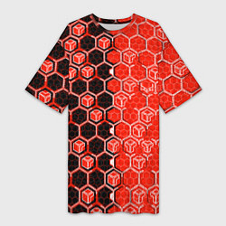 Футболка женская длинная Техно-киберпанк шестиугольники красный и чёрный, цвет: 3D-принт