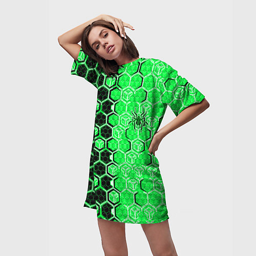 Женская длинная футболка Техно-киберпанк шестиугольники зелёный и чёрный с / 3D-принт – фото 3
