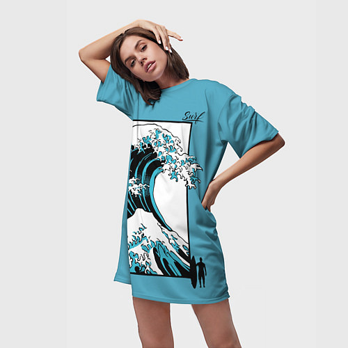 Женская длинная футболка Большая волна в Канагаве - серфинг / 3D-принт – фото 3