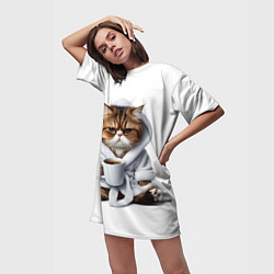 Футболка женская длинная Котик в халате и кофе, цвет: 3D-принт — фото 2