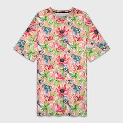 Футболка женская длинная Лазоревки и маки на розовом, цвет: 3D-принт