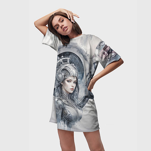 Женская длинная футболка Акварельная девушка-андроид / 3D-принт – фото 3