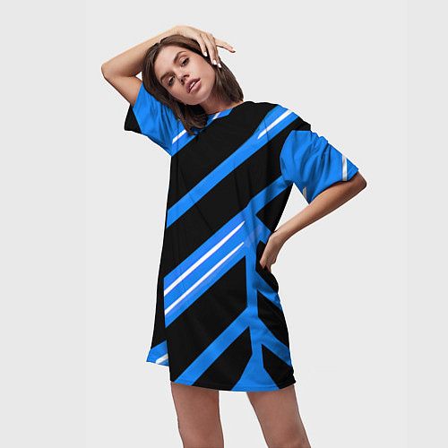 Женская длинная футболка Black and white stripes on a blue background / 3D-принт – фото 3