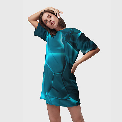 Женская длинная футболка Неоновые холодные голубые плиты в разломе / 3D-принт – фото 3