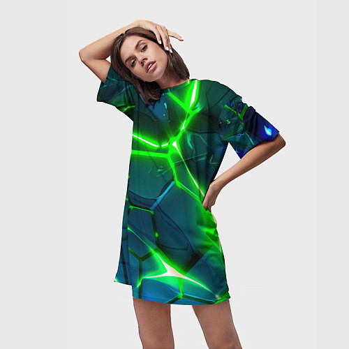Женская длинная футболка Неоновые яркие зеленые разломленные плиты со свето / 3D-принт – фото 3