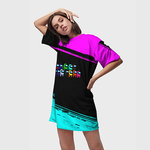 Женская длинная футболка Among us neon colors / 3D-принт – фото 3