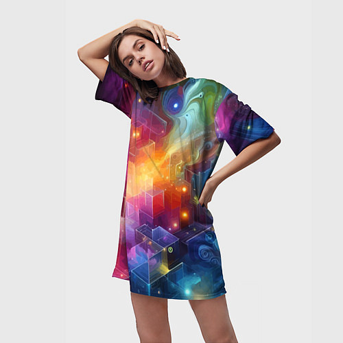Женская длинная футболка Геометрический неоновый космос - нейросеть / 3D-принт – фото 3