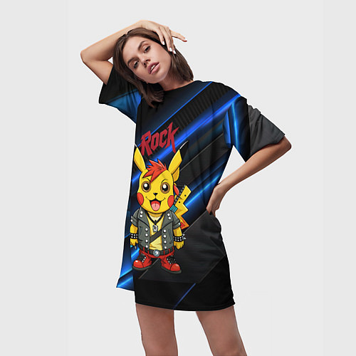 Женская длинная футболка Радостный Пикачу рок звезда / 3D-принт – фото 3