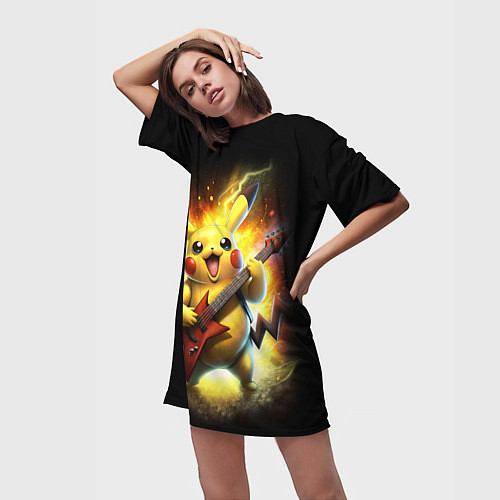 Женская длинная футболка Пикачу рок звезда с электрогитарой / 3D-принт – фото 3