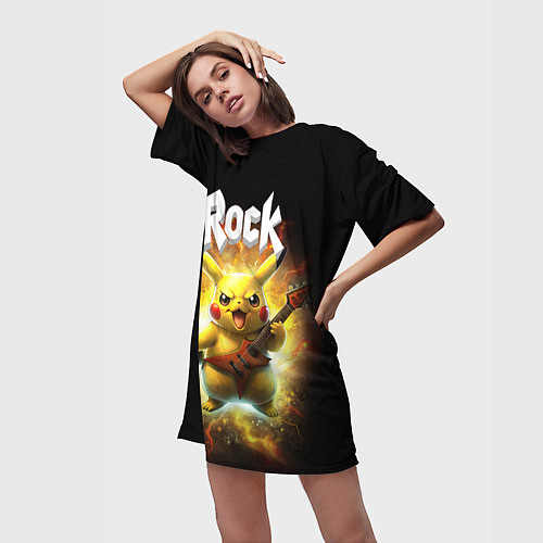 Женская длинная футболка Пикачу рокер с электрогитарой / 3D-принт – фото 3