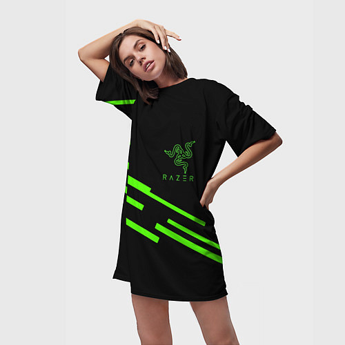 Женская длинная футболка Razer line green / 3D-принт – фото 3