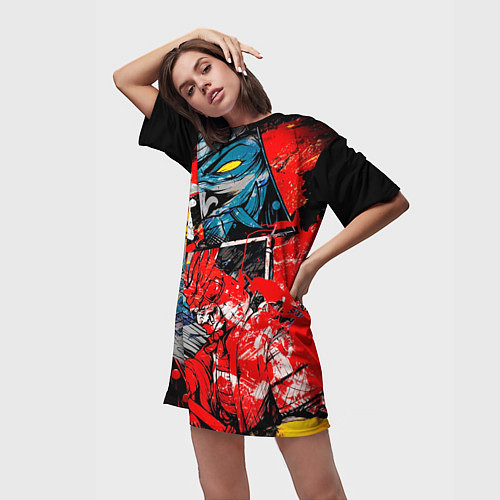 Женская длинная футболка Самурай и демон Они / 3D-принт – фото 3