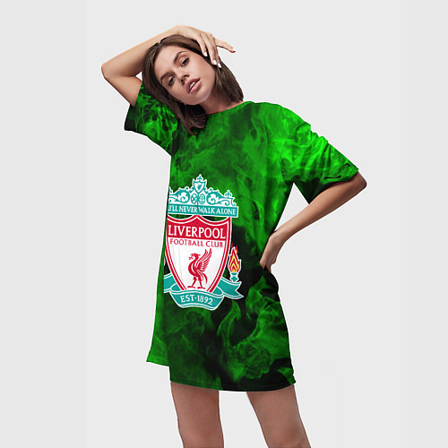 Женская длинная футболка Liverpool green fire / 3D-принт – фото 3