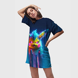 Футболка женская длинная Кибер-Пикачу среди небоскрёбов - нейроарт, цвет: 3D-принт — фото 2