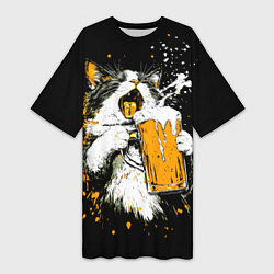 Футболка женская длинная Кот поет под пиво, цвет: 3D-принт