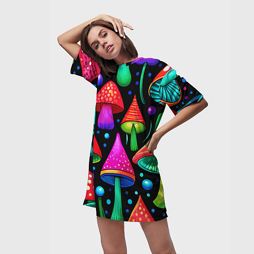 Женская длинная футболка Неоновые мухоморы в горошек / 3D-принт – фото 3