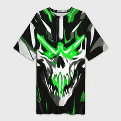 Футболка женская длинная Абстрактный белый череп и зелёные полосы, цвет: 3D-принт