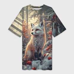 Футболка женская длинная Лис в зимнем лесу, цвет: 3D-принт