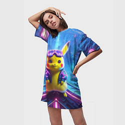 Футболка женская длинная Прикольный Пикачу на крыше небоскрёба - нейроарт, цвет: 3D-принт — фото 2