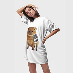 Футболка женская длинная Капибара с микрофоном мем, цвет: 3D-принт — фото 2