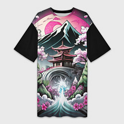 Футболка женская длинная Пейзаж Японии природа, цвет: 3D-принт