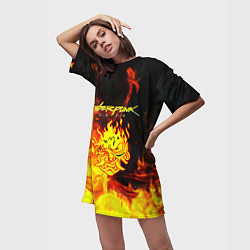 Футболка женская длинная Samurai fire cyberpunk, цвет: 3D-принт — фото 2