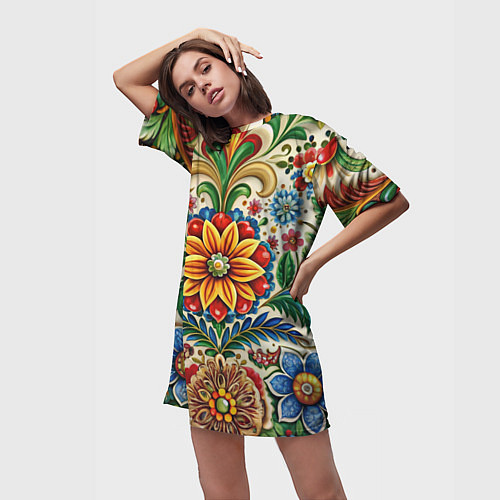 Женская длинная футболка Русские классические узоры и орнамент / 3D-принт – фото 3