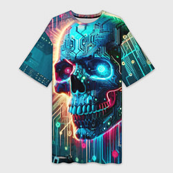 Футболка женская длинная Cool cyber skull - neon glow, цвет: 3D-принт