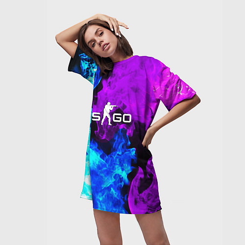 Женская длинная футболка CSGO neon flame / 3D-принт – фото 3