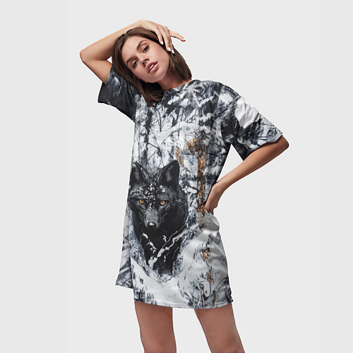 Женская длинная футболка Черный лис в заснеженном лесу / 3D-принт – фото 3