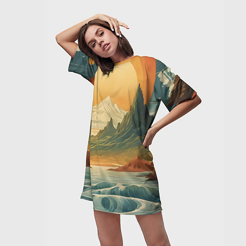 Женская длинная футболка В теплых горах на закате / 3D-принт – фото 3
