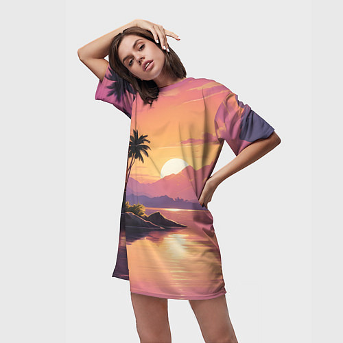 Женская длинная футболка Домик на берегу закат / 3D-принт – фото 3