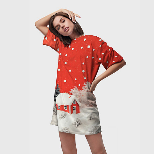 Женская длинная футболка Новогодний домик и красное небо / 3D-принт – фото 3