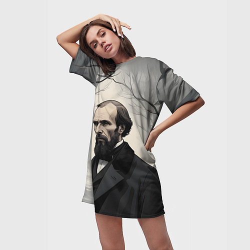 Женская длинная футболка Достоевский зимняя аллея / 3D-принт – фото 3