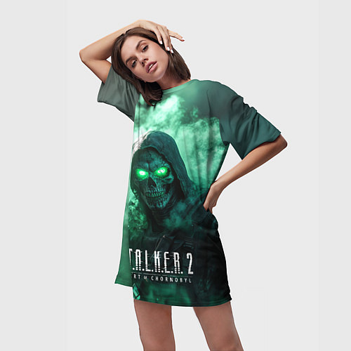 Женская длинная футболка Stalker 2 череп с зелеными глазами / 3D-принт – фото 3