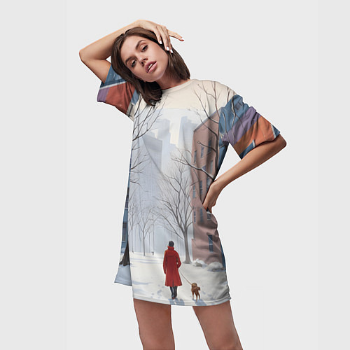 Женская длинная футболка Прогулка зима / 3D-принт – фото 3