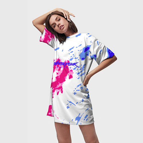 Женская длинная футболка Cyberpunk 2077 неоновые краски / 3D-принт – фото 3