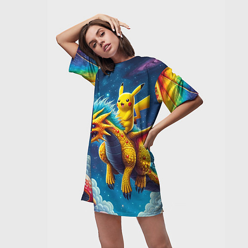 Женская длинная футболка Pikachu on a fabulous dragon - neon glow / 3D-принт – фото 3